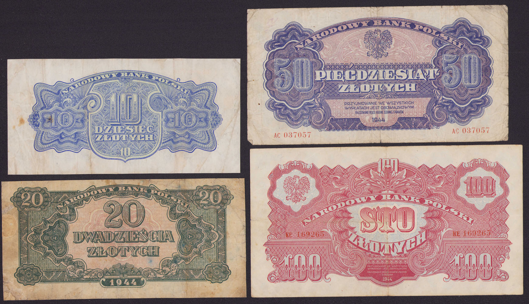 10 - 100 złotych 1944, zestaw 4 banknotów  - RZADKIE